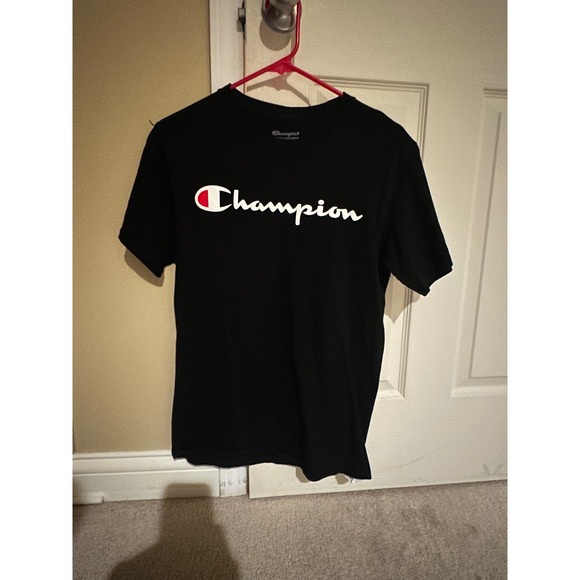 Champion Mens Black Script Logo Graphic Short Sleeve T-Shirt Size S Small - Picture 1 of 5